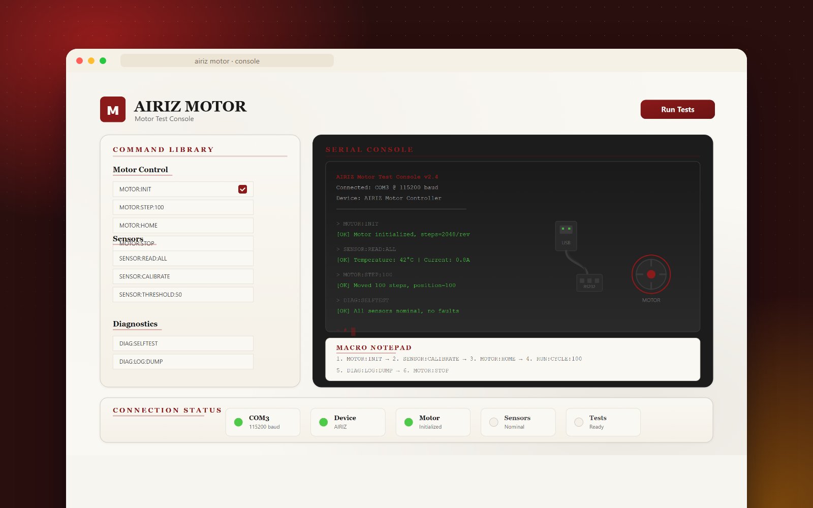 Airiz Motor Test Console dashboard: command library, serial console and macro notepad for AIRIZ device motor testing