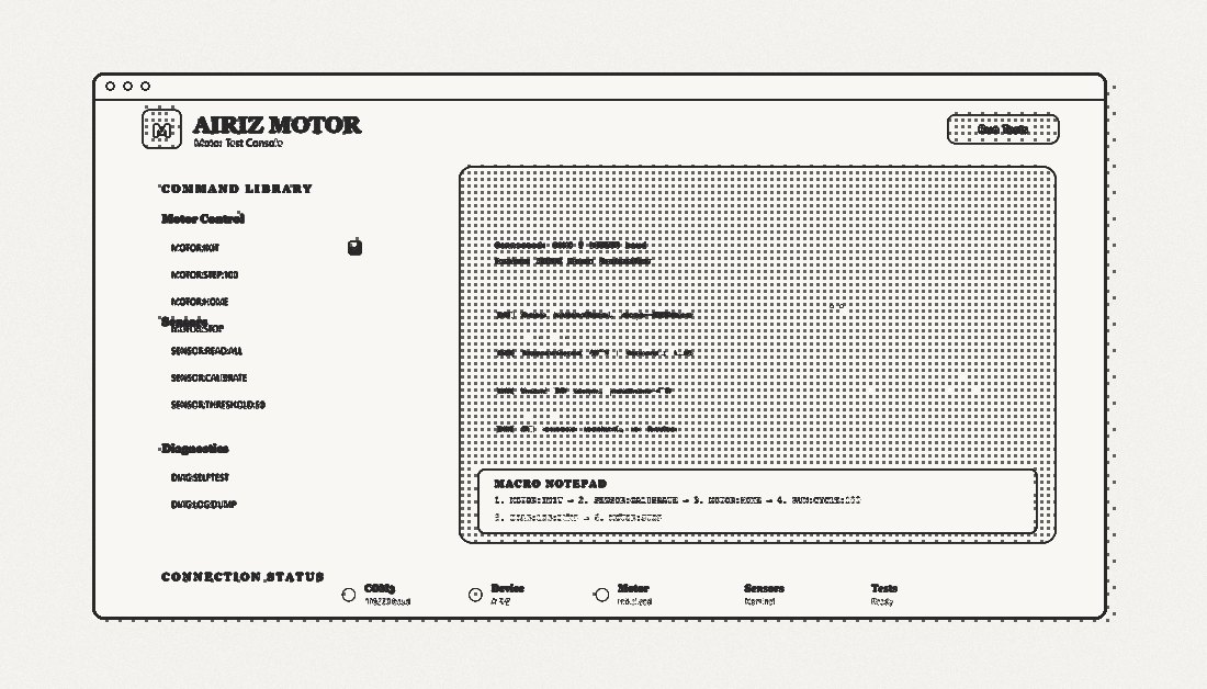 Airiz Motor Test Console dashboard: command library, serial console and macro notepad for AIRIZ device motor testing