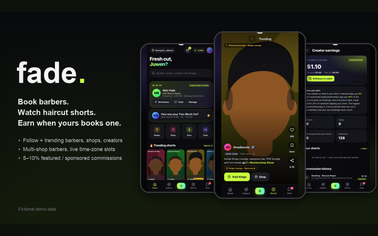 Fade screens: home with trending barbers, a haircut short with a paid-partnership tag, and creator earnings, using fictional demo data
