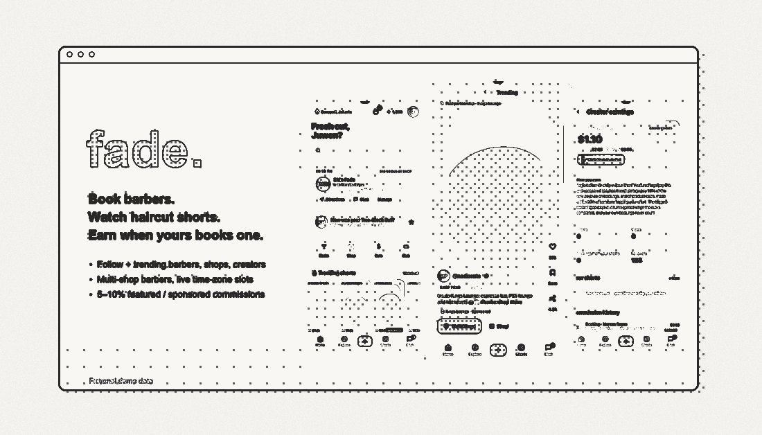 Fade screens: home with trending barbers, a haircut short with a paid-partnership tag, and creator earnings, using fictional demo data