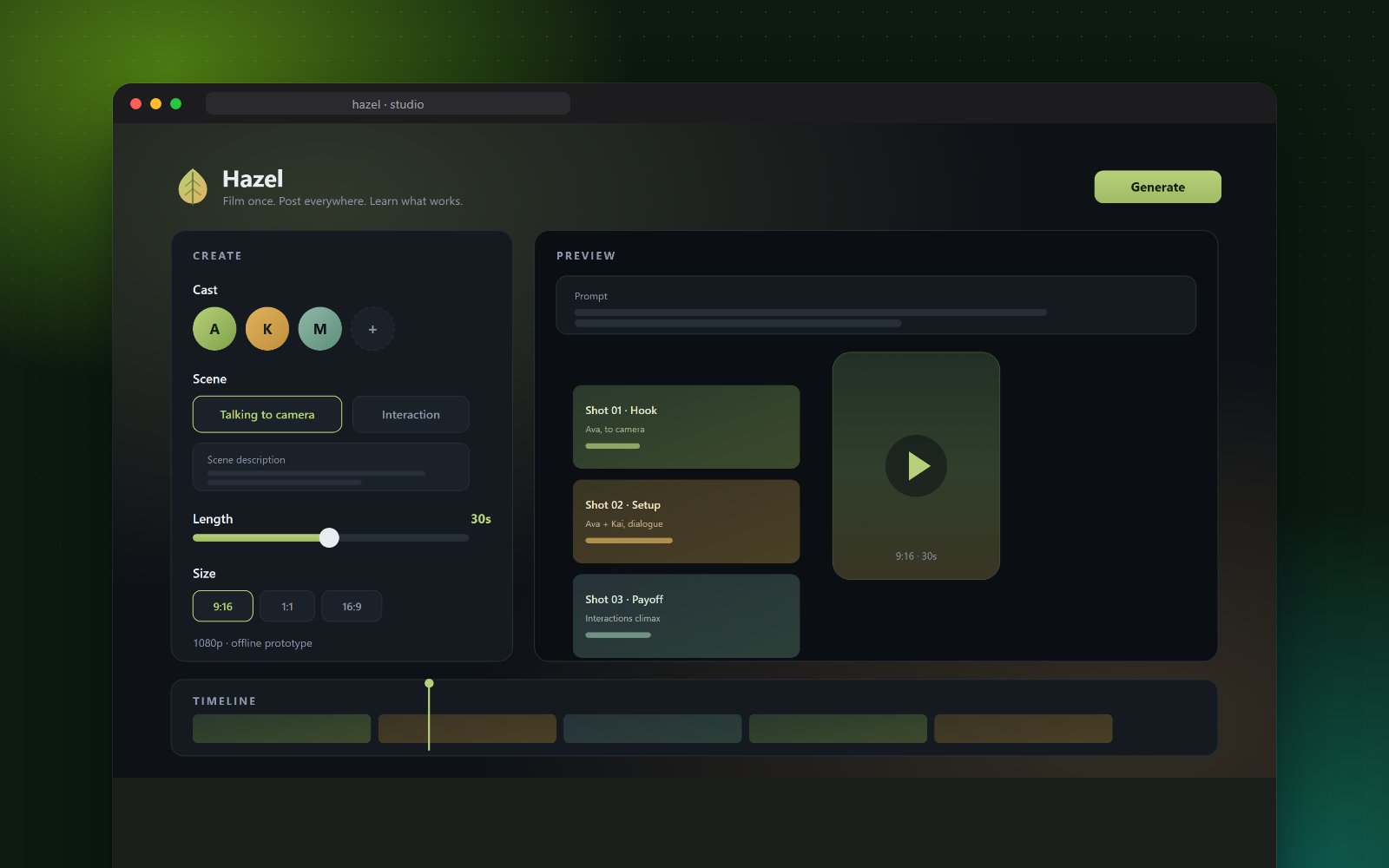 Hazel studio generating a video from a prompt, with character casting, scene choice, length and size controls, a storyboard and a timeline