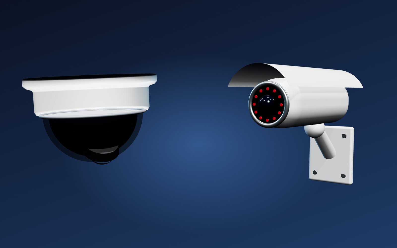 Studio render of a ceiling dome camera and a wall-mounted bullet camera with IR ring