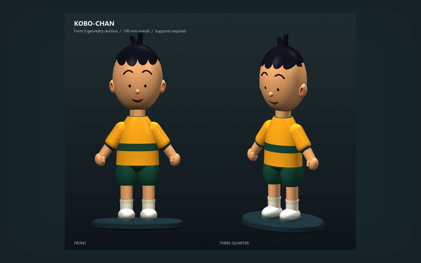 Kobo-chan: a 100 mm solid figurine revised for Form 3, shown from the front and three-quarter view