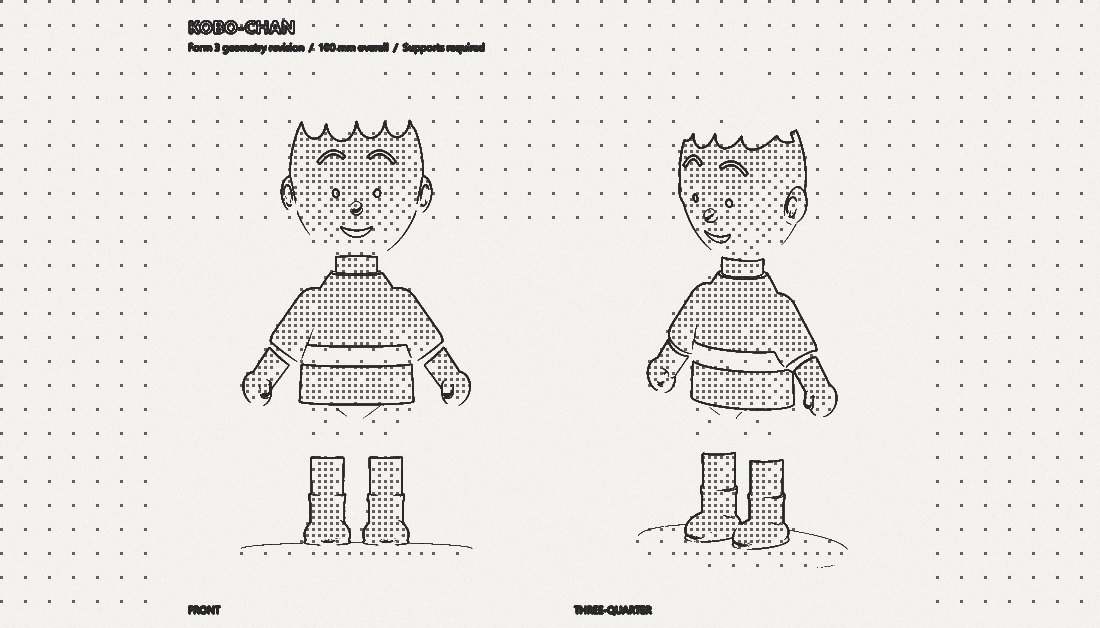 Kobo-chan: a 100 mm solid figurine revised for Form 3, shown from the front and three-quarter view