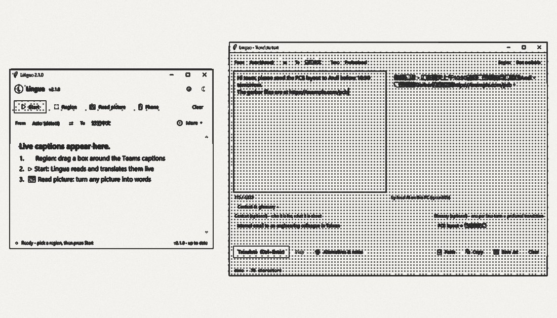 Lingua on Windows: the main window with live-caption controls next to the Text desk translating an English note into Traditional Chinese