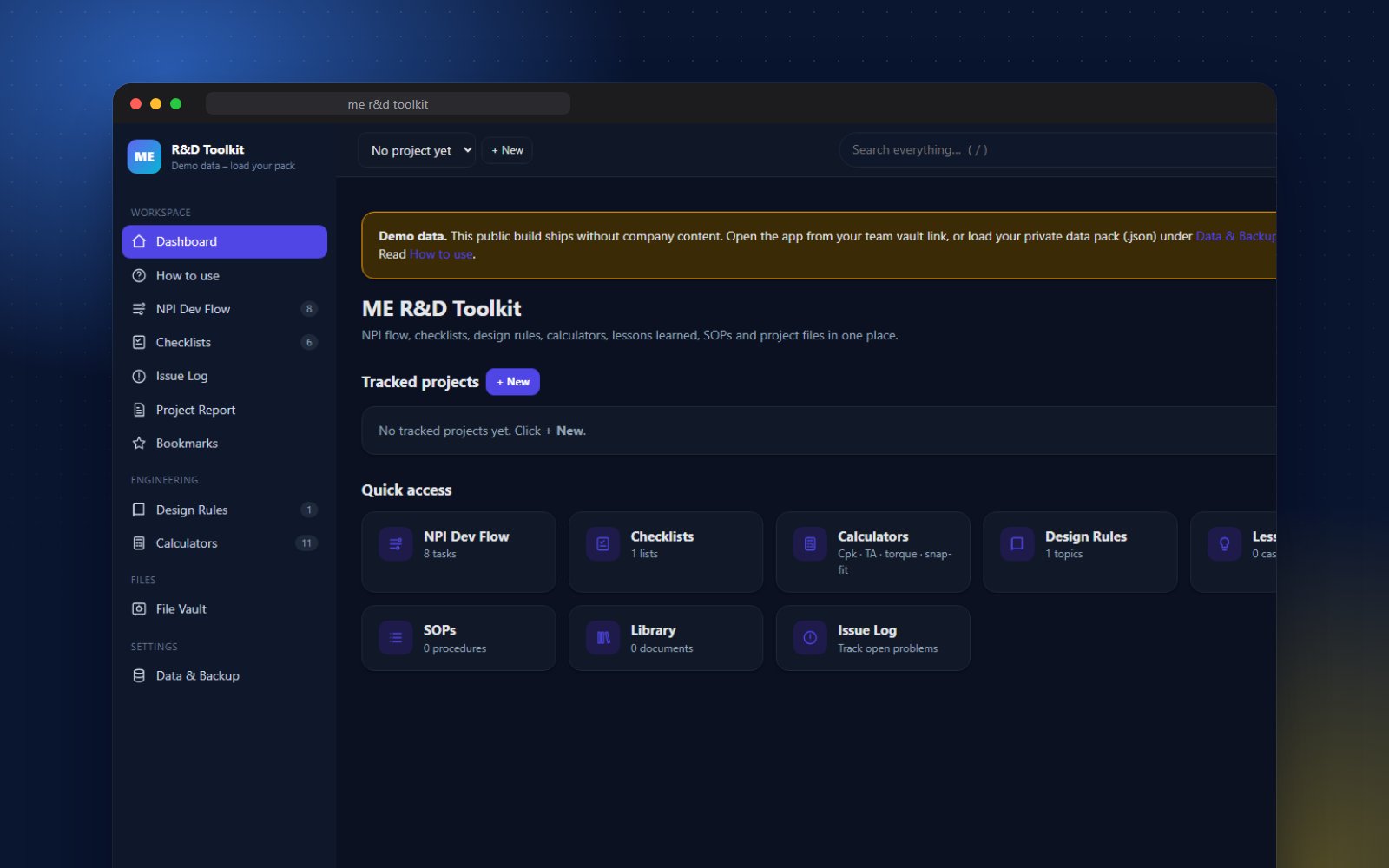 ME R&D Toolkit dashboard with NPI flow, checklists, calculators and lessons quick-access tiles