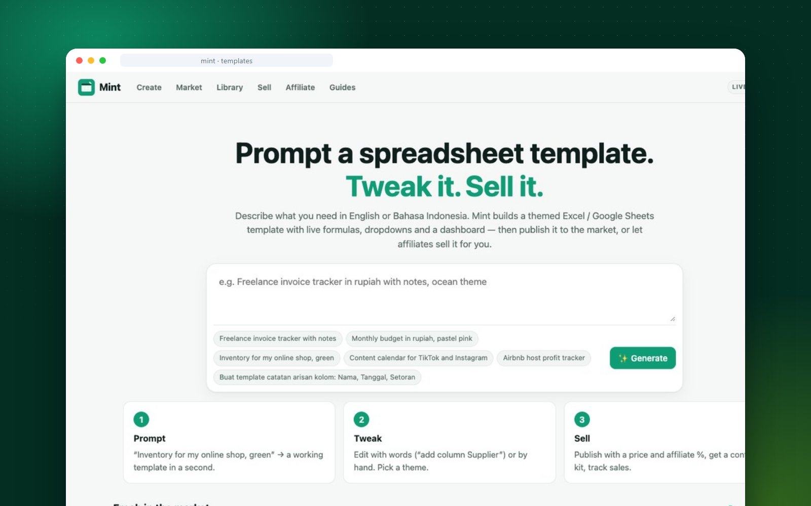 Mint: prompt a spreadsheet template, tweak it, sell it — prompt box with Mint AI and the prompt, tweak, sell flow