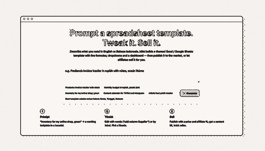 Mint: prompt a spreadsheet template, tweak it, sell it — prompt box with Mint AI and the prompt, tweak, sell flow