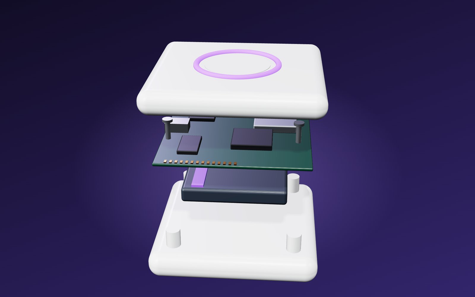 Exploded render of a Wi-Fi smart device: top cover with light ring, PCB with shielded Wi-Fi module, battery and base housing