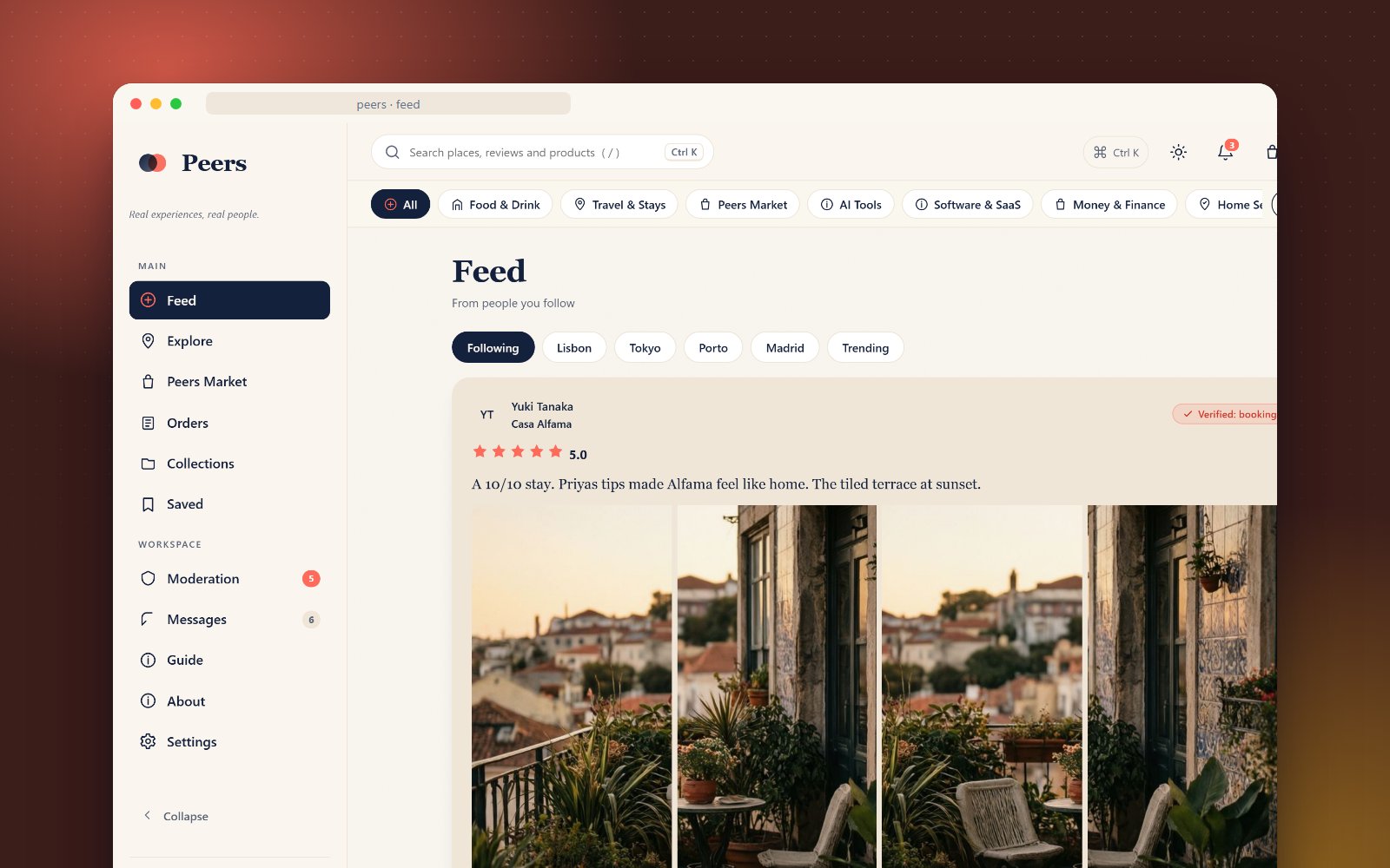 Peers app feed screen showing verified reviews