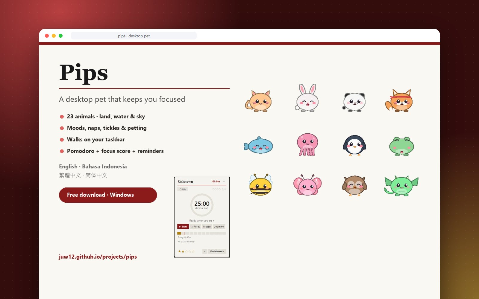 Pips: twelve of the 23 desktop pet animals next to the Pomodoro card