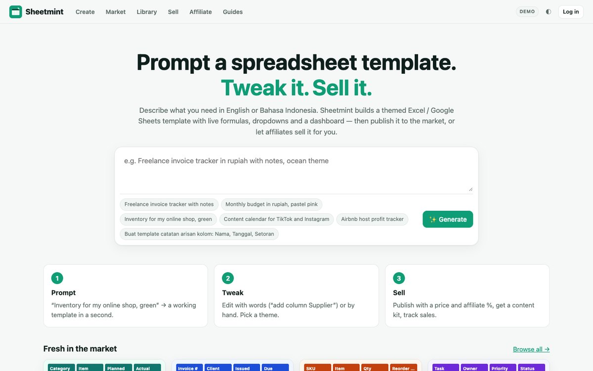 Sheetmint home: prompt a spreadsheet template, tweak it, sell it — prompt box with example prompts and the three-step prompt, tweak, sell flow