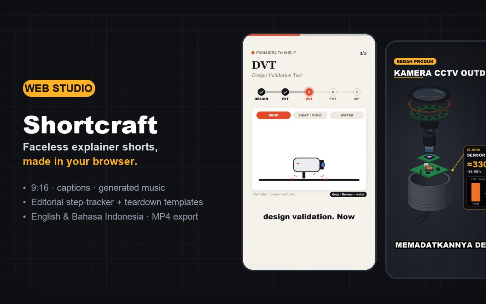 Shortcraft: two 9:16 explainer frames, a light editorial step tracker and a dark CCTV teardown, next to the Shortcraft title