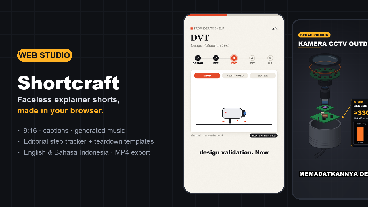 Shortcraft: two 9:16 explainer frames, a light editorial step tracker and a dark CCTV teardown, next to the Shortcraft title