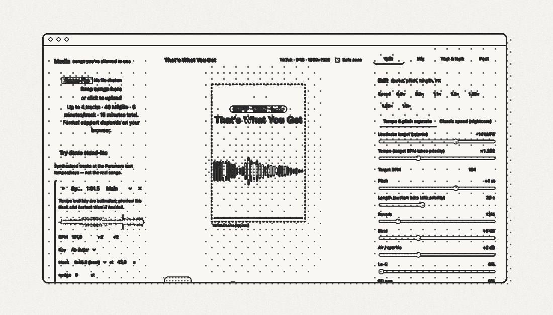 Sped 1.4 shorts editor with a 9:16 preview, timeline and post panel, using synthetic audio fixtures