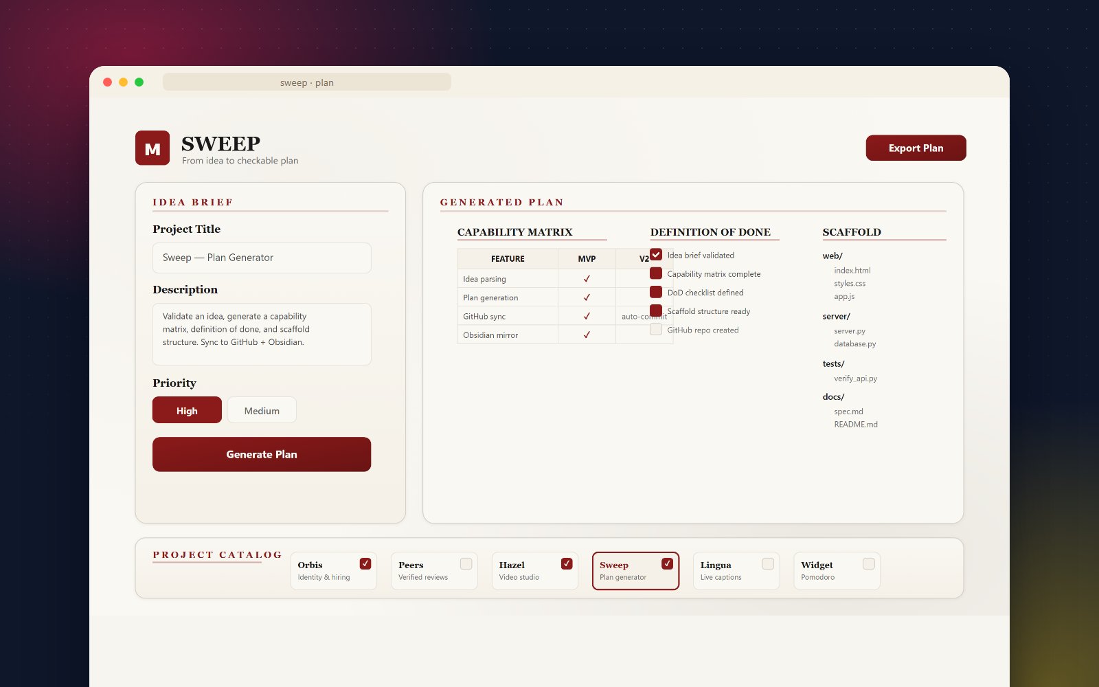 Sweep turning a plain-words idea into a Build, Grow and Earn plan — a guided intake, an idea brief, a generated capability matrix, a Definition of Done checklist, a scaffold file tree and a project catalog