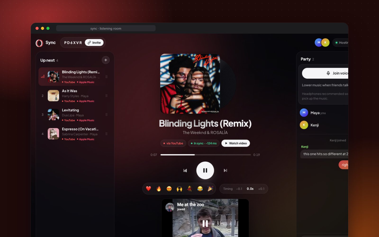Sync listening room with a synced now-playing card, cross-service queue and party voice chat