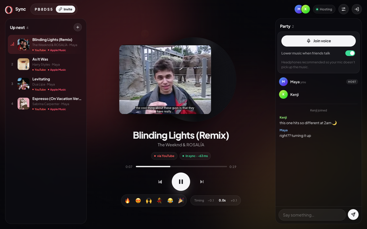 Sync listening room with a synced now-playing card, cross-service queue and party voice chat