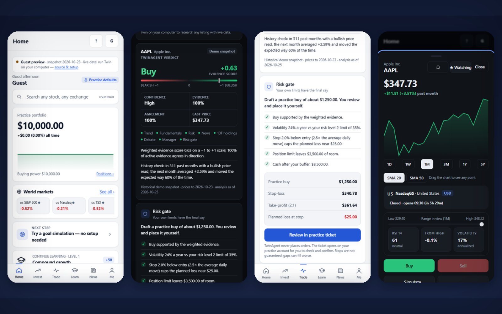 Twin 1.5: redesigned Home, TwinAgent Buy verdict with evidence score, risk gate with practice-trade plan, and AAPL stock page
