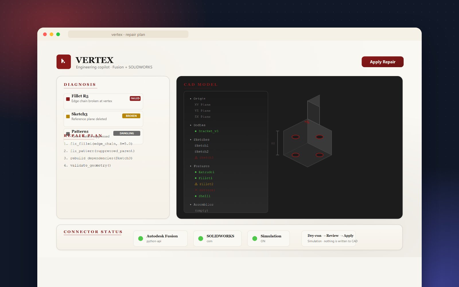 Vertex: a dark 3D engineering workspace with a fitted part in a viewport, a ranked repair plan, a universal adapter strip (Fusion, SOLIDWORKS, FreeCAD, Blender, open formats) and review-gated export/apply steps
