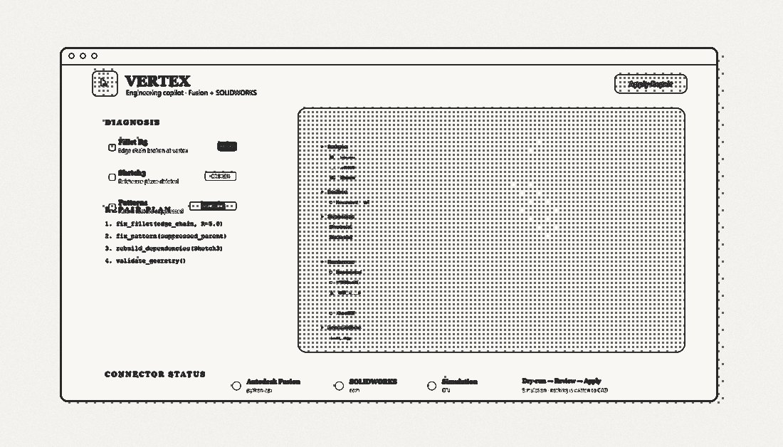 Vertex: a dark 3D engineering workspace with a fitted part in a viewport, a ranked repair plan, a universal adapter strip (Fusion, SOLIDWORKS, FreeCAD, Blender, open formats) and review-gated export/apply steps