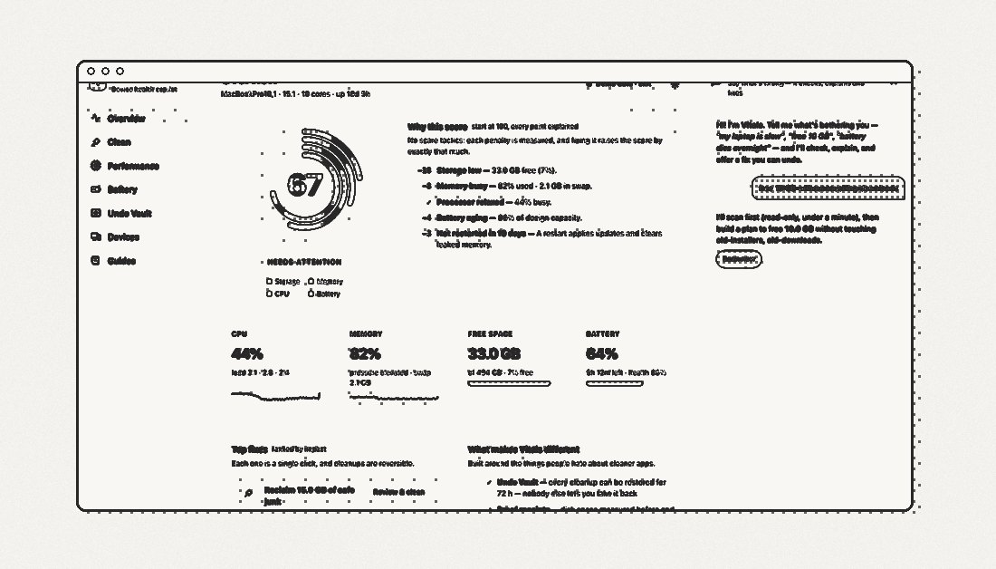 Vitals overview: health score orb with an itemized why-this-score list, live vitals and ranked one-click fixes