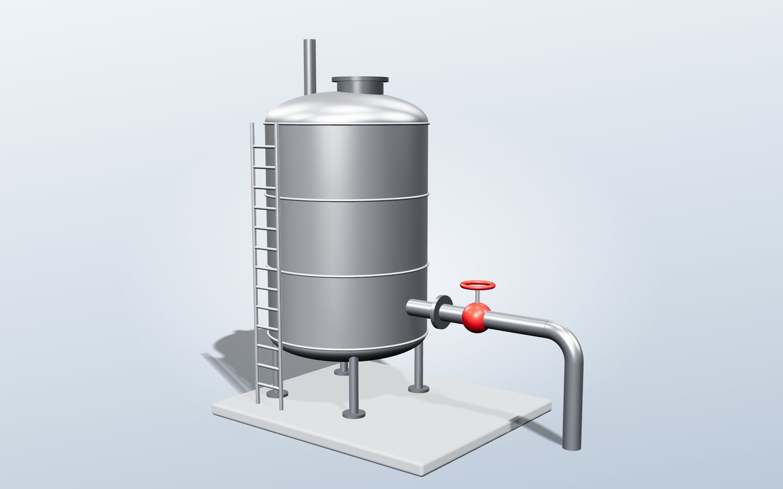 Render of a stainless vertical water tank on a concrete pad with ladder, manway, outlet valve and piping